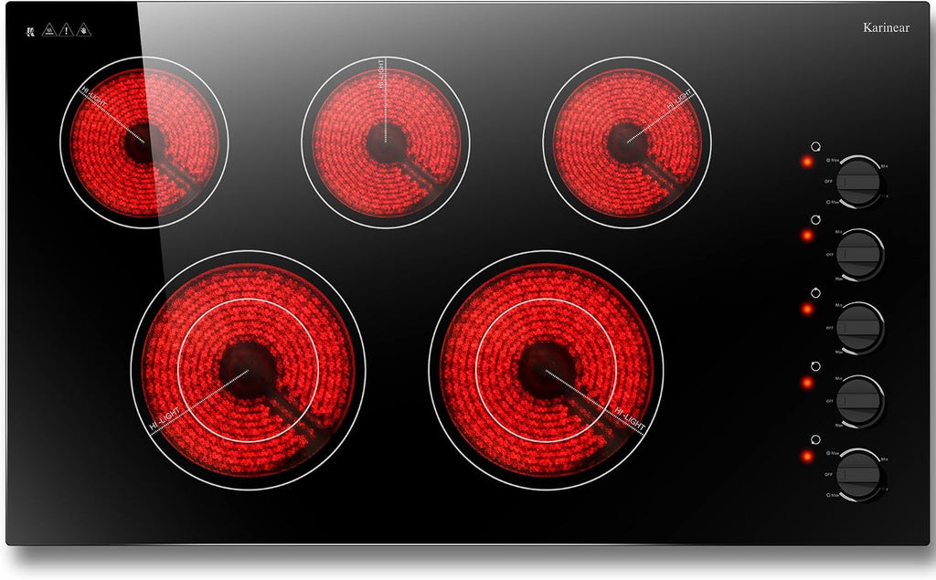 Karinear 36 Inch Electric Cooktop, Knob Control 5 Burner Electric Stove Top, Over-Temperature Protection, Hot Surface Indicator,36' Drop-in, Hard Wire 240V
