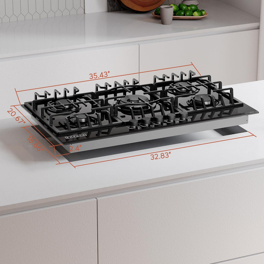 Empava 36' Bulit-in Tempered Glass Gas Cooktops 5 Italy Imported Sabaf Burners Stove Tops, 36 Inch, Black