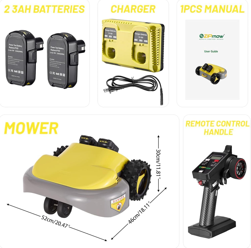 Cordless Remote Control Lawn Mower – Self-Propelled Electric Lawn Mower with Dual 3Ah Batteries, Remote Control, Adjustable 2'–3' Cutting Height & All-Wheel Traction for 45° Slopes