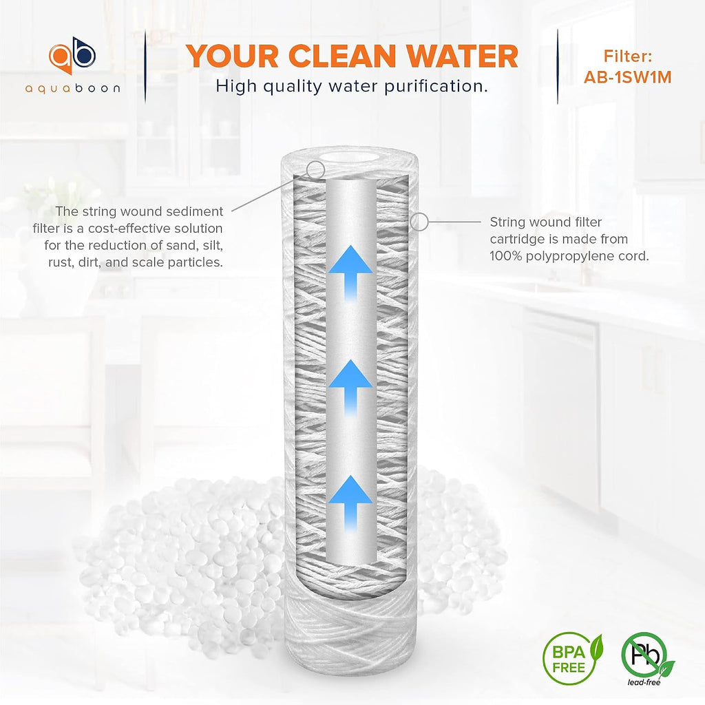 Aquaboon Whole House 1 Micron String Wound Water Filter 10 x 2.5 Cartridge for Well Water Filter Replacement Compatible with WHKF-WHSW, AP110, 50-Pack