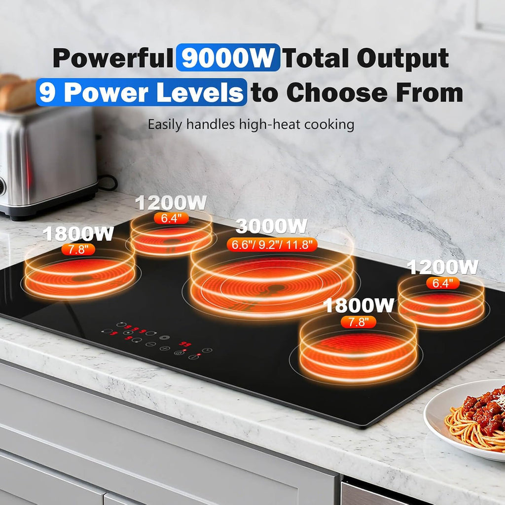 SNDOAS 36 inch Electric Cooktop,5 Burners 9000W Built-in Glass Ceramic Electric Stove Top w/Touch Control,9 Power Levels,Child Lock,Triple-Ring Zone,240V Hardwired for Kitchen Countertop 36'