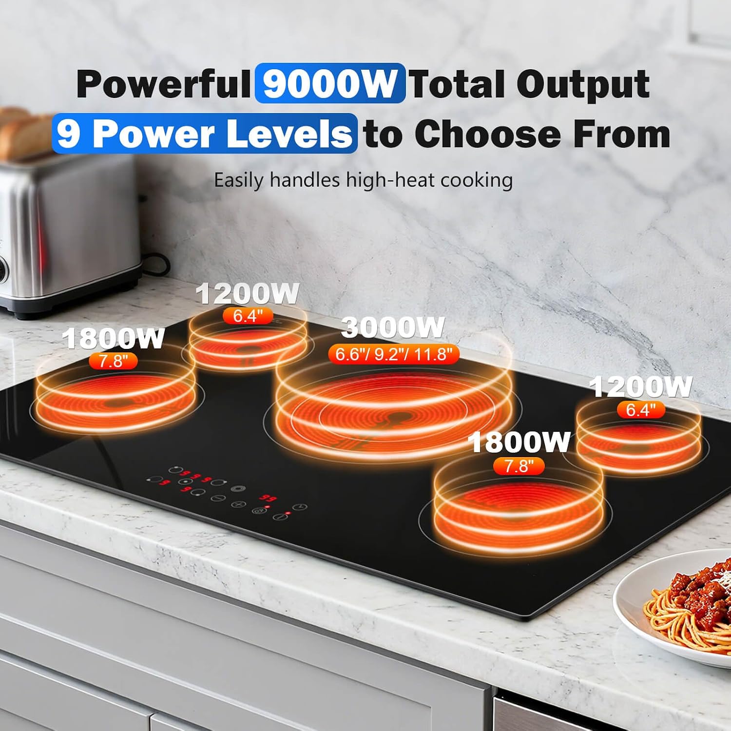 SNDOAS 36 inch Electric Cooktop,5 Burners 9000W Built-in Glass Ceramic Electric Stove Top w/Touch Control,9 Power Levels,Child Lock,Triple-Ring Zone,240V Hardwired for Kitchen Countertop 36'