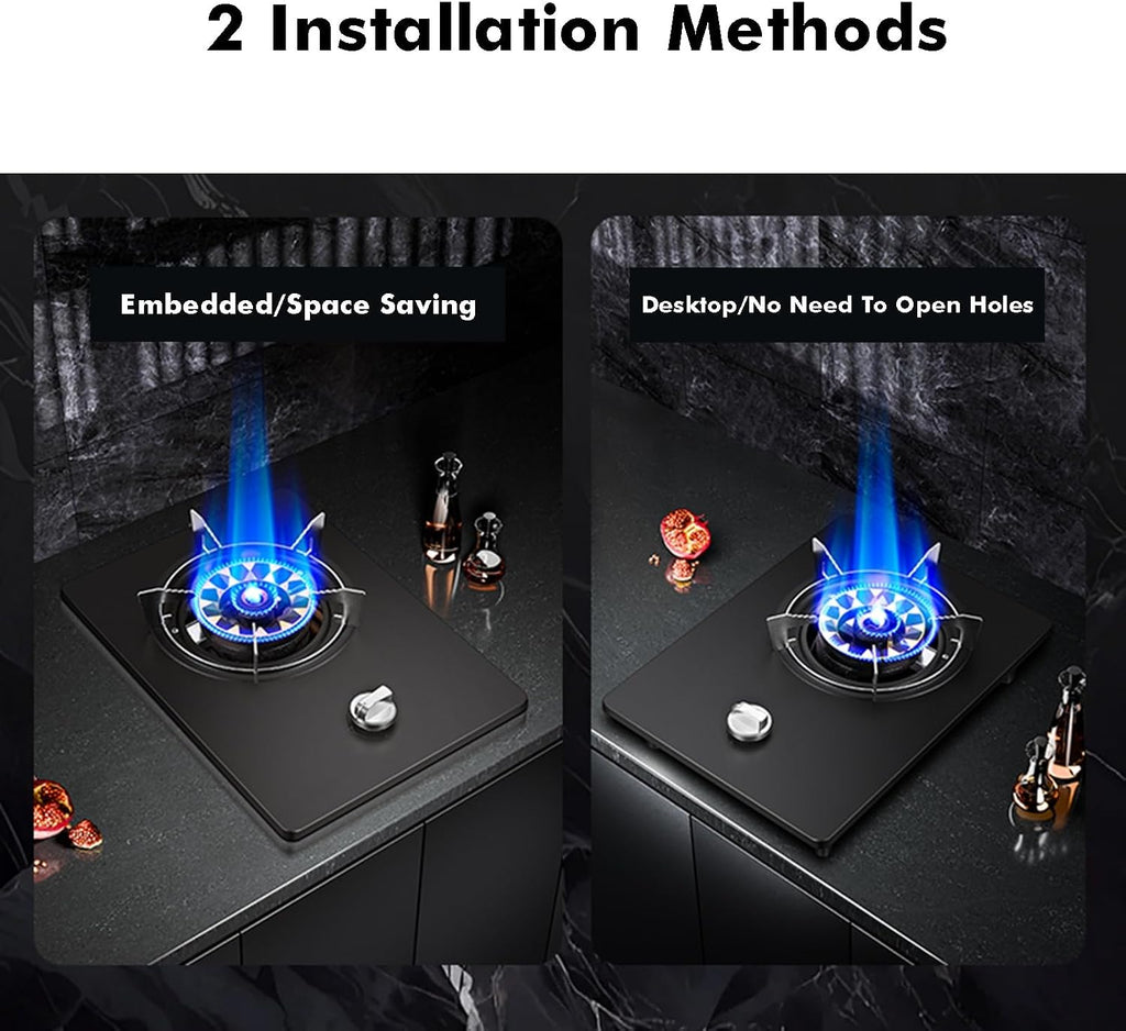 Gas Cooker 1 Burner,5.2KW Fire Ring Wok Burner with Flameout Protection,Tempered Glass Top Cooking,for Natural Gas/liquefied Petroleum Gas(LPG)
