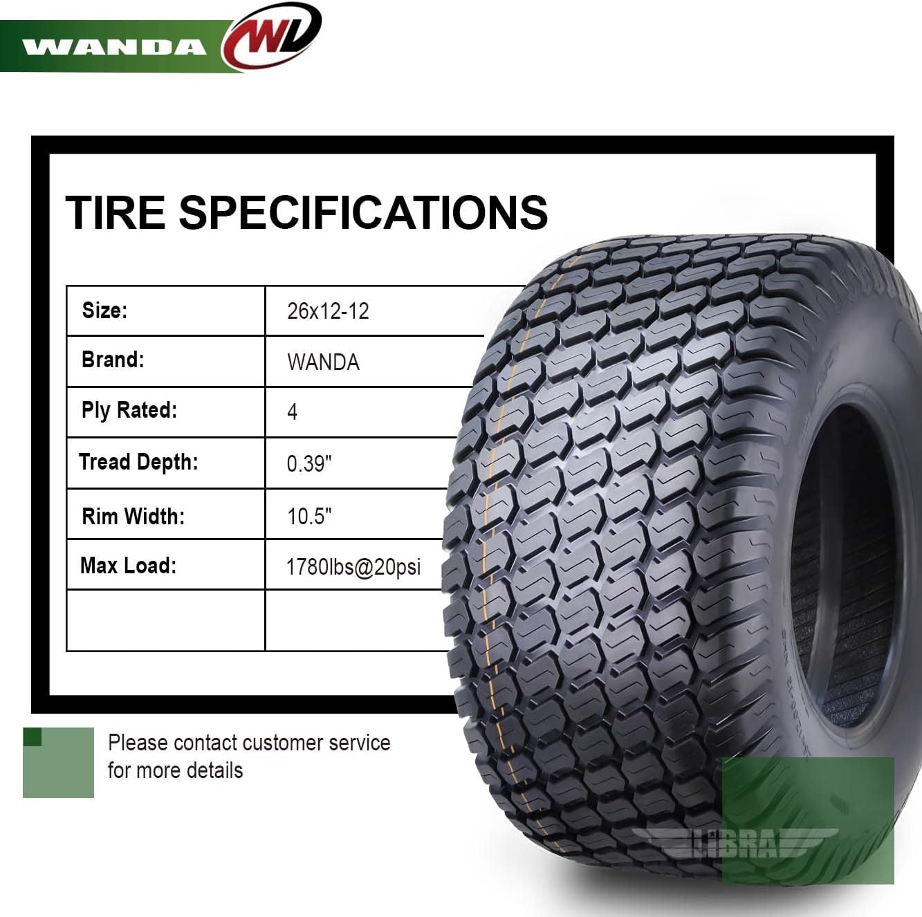 WANDA 26X12-12 Lawn Mower Tractor Cart Turf Tire 4 Ply 26x12x12-13056
