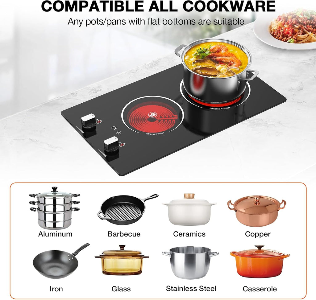 2 Burner Electric Cooktop, 2100W Electric Stove Top Hot Plate, 12 inch Countertop Burner & Built-In Stove Top, 9 Levels of Power, Knob Control, Timer & Kid Safety Lock, Residual Heat Warning