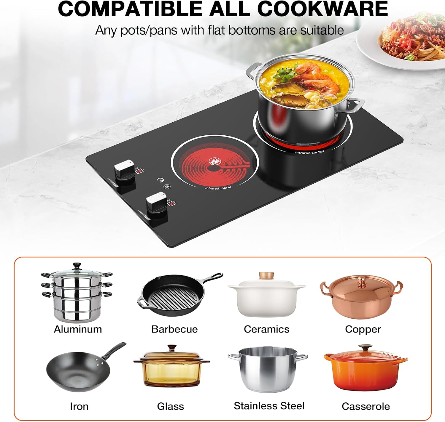 2 Burner Electric Cooktop, 2100W Electric Stove Top Hot Plate, 12 inch Countertop Burner & Built-In Stove Top, 9 Levels of Power, Knob Control, Timer & Kid Safety Lock, Residual Heat Warning