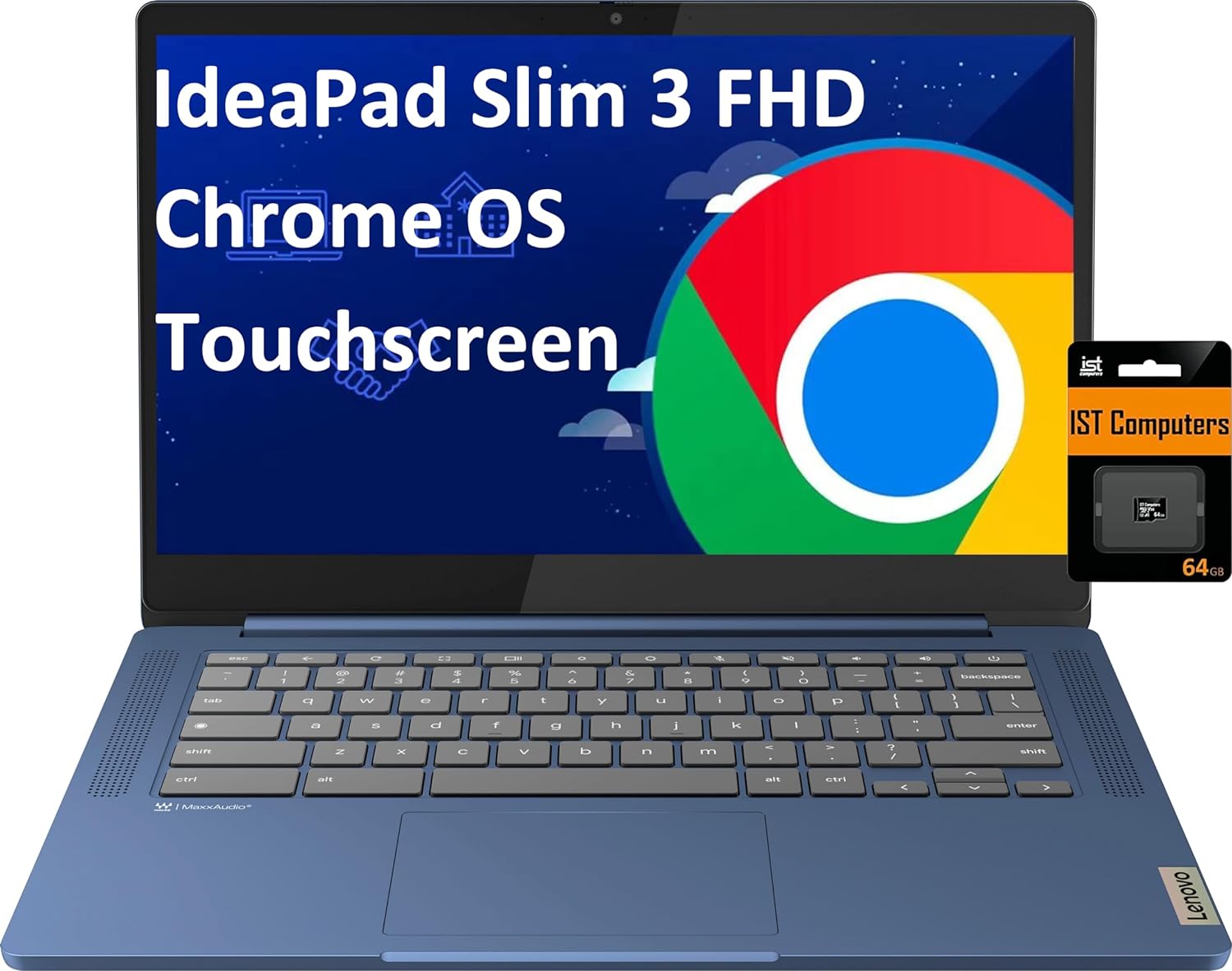 Lenovo IdeaPad Slim 3 14' Chromebook Laptop (14' FHD Touchscreen, 8-Core MediaTek Kompanio 520, 4GB RAM, 128GB(64GB eMMC+64GB SD)), Webcam, 13.5-Hrs Long-Battery Life, IST Card, Chrome OS, Abyss Blue