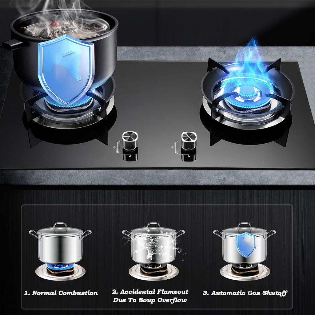 Portable Gas Stove,4.2kW Fire Ring Cooktop 2 Burners,Tempered Glass Freestanding Cooktop,Round Prevent Skidding Pot Rack,with Flameout Protection(NG)