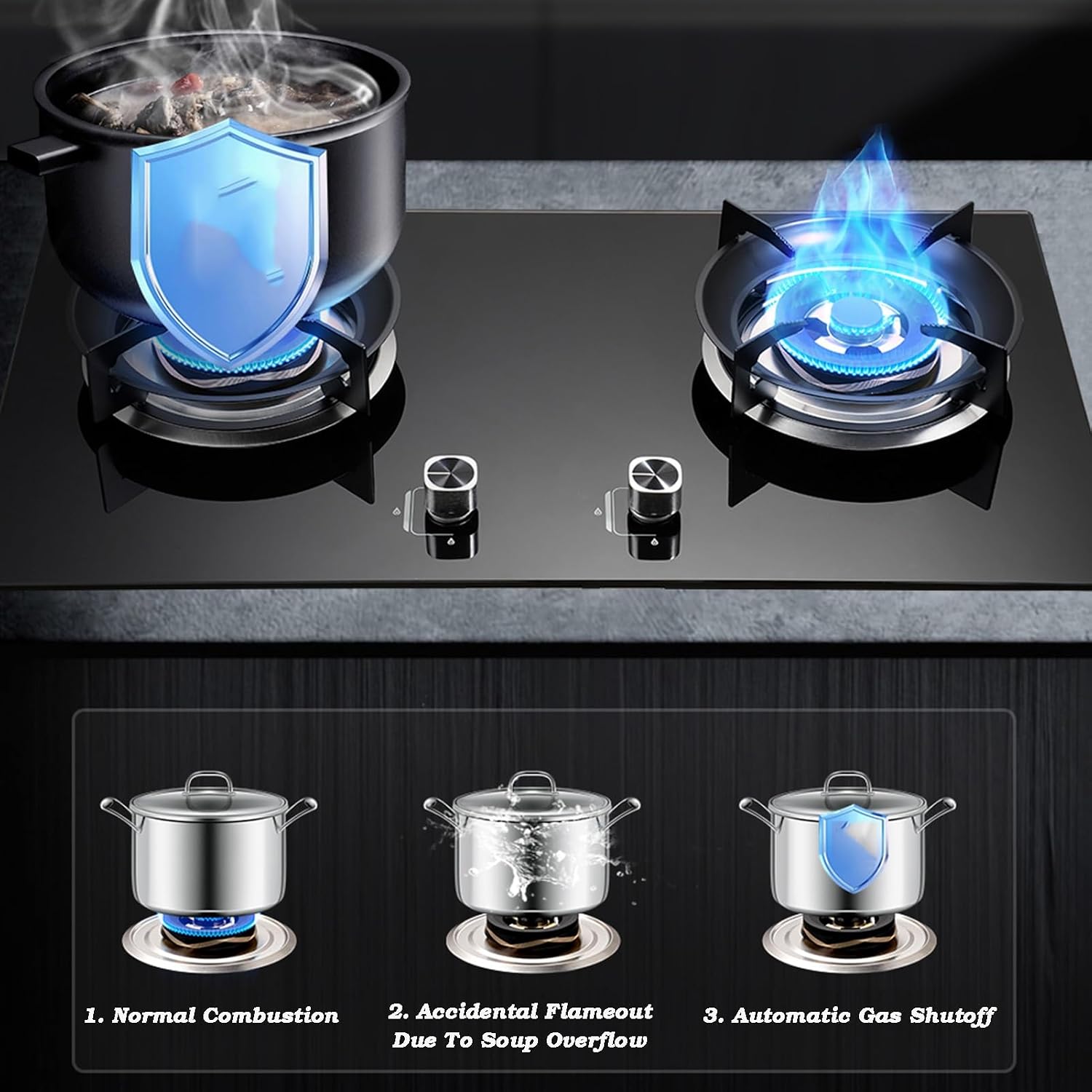 Portable Gas Stove,4.2kW Fire Ring Cooktop 2 Burners,Tempered Glass Freestanding Cooktop,Round Prevent Skidding Pot Rack,with Flameout Protection(LPG)