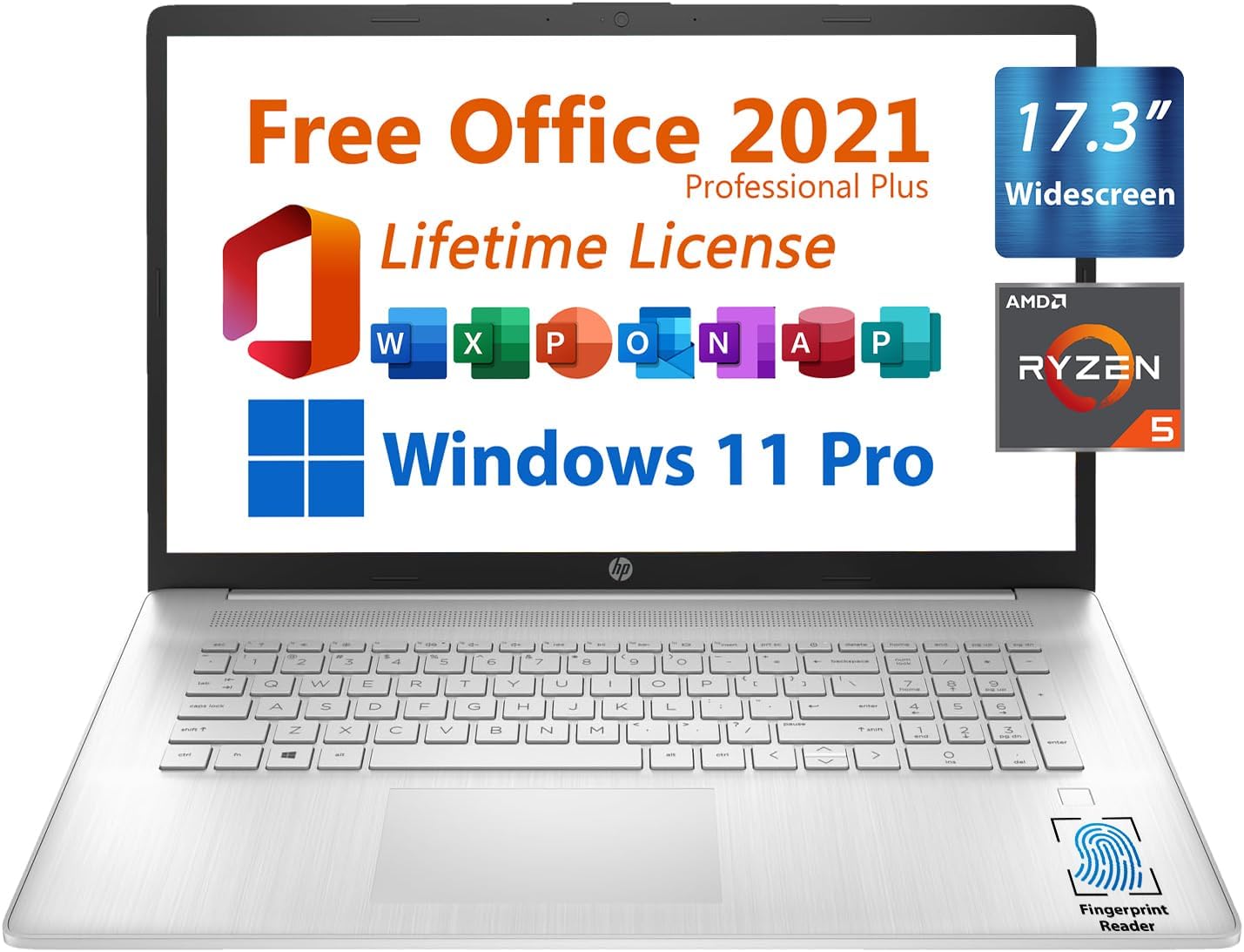 HP 17.3' Business Laptop, Free Microsoft Office 2021 with Lifetime License, FHD Display, AMD Ryzen 5 5500U 4GHz, 16GB DDR4, 1TB SSD, 6 Hours Battery, USB-C, Fingerprint Reader, Windows 11 Pro