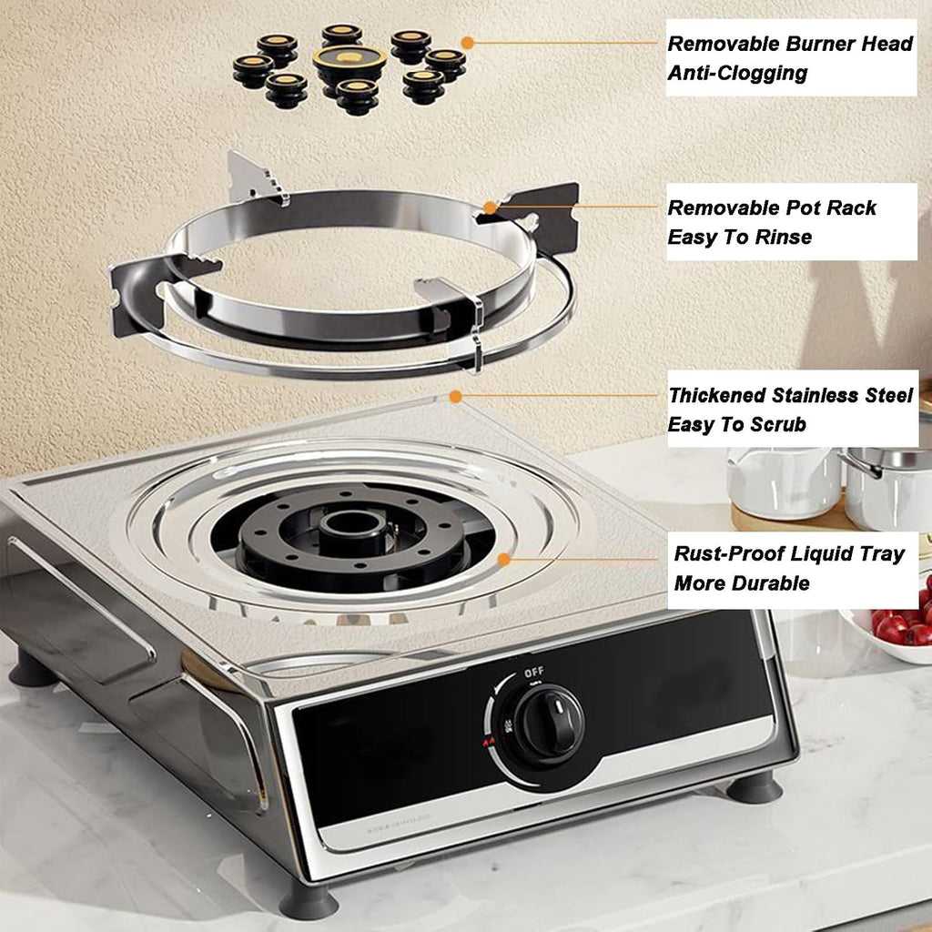 Gas Stove 1 Burner,4.0KW Nine-Chamber Fierce Fire,Stainless Steel Cast Copper Pot Rack,Desktop Liquefied Gas/Natural Gas Stove,with Flameout Protection(NG)