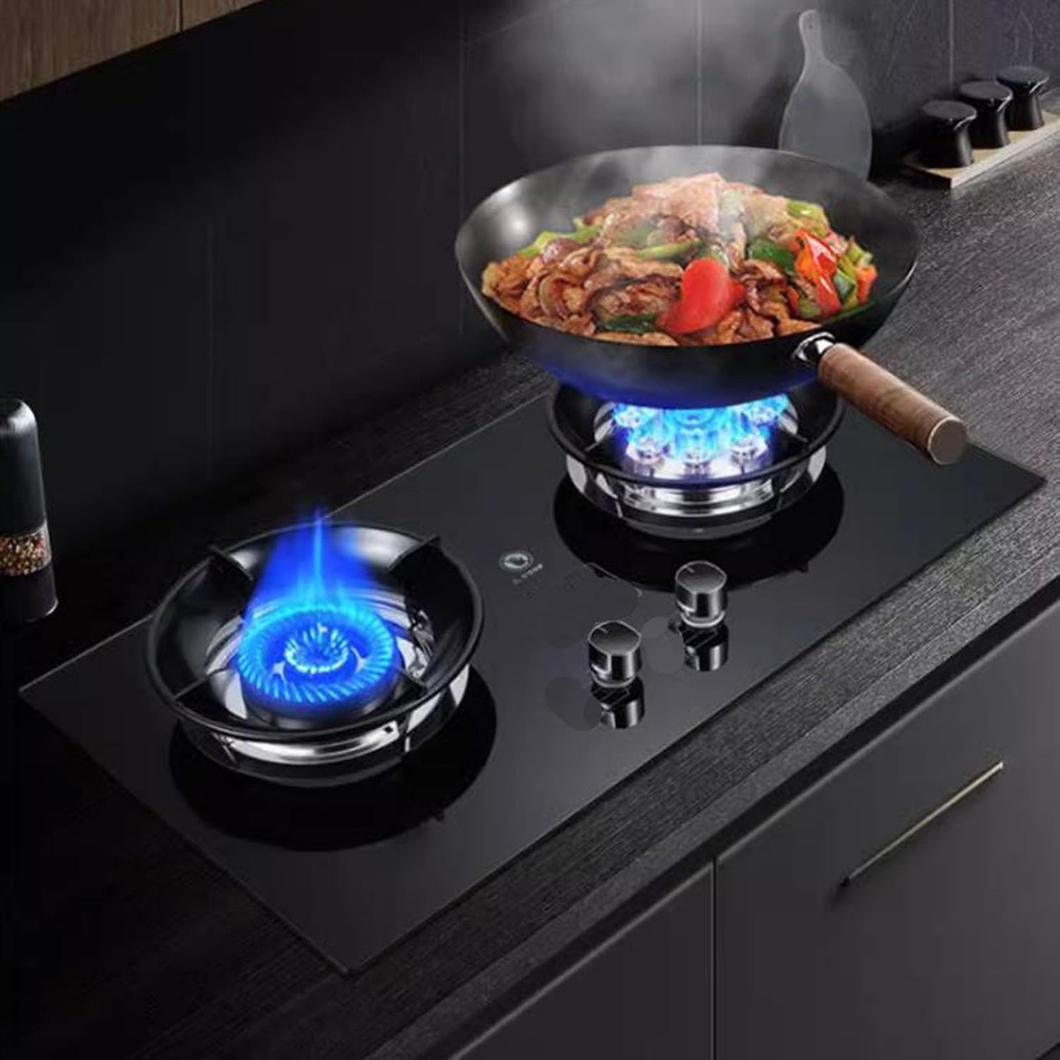 Portable Gas Stove,5.2KW 9-Cavities Cooktop 2 Burners,Top Cooking with Flameout Protection,Tempered Glass Cast Iron Pot Rack,for Home Kitchen(LPG)