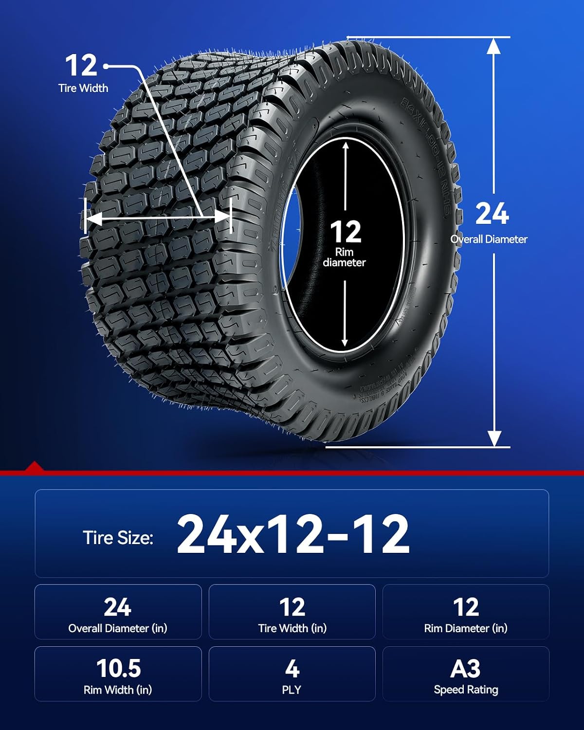 KAX 24x12-12 Lawn Mower Tires,24x12-12 Mud Tires for Off-Road, Golf Carts,4 Ply, 1Pcs,Tubeless Z-160