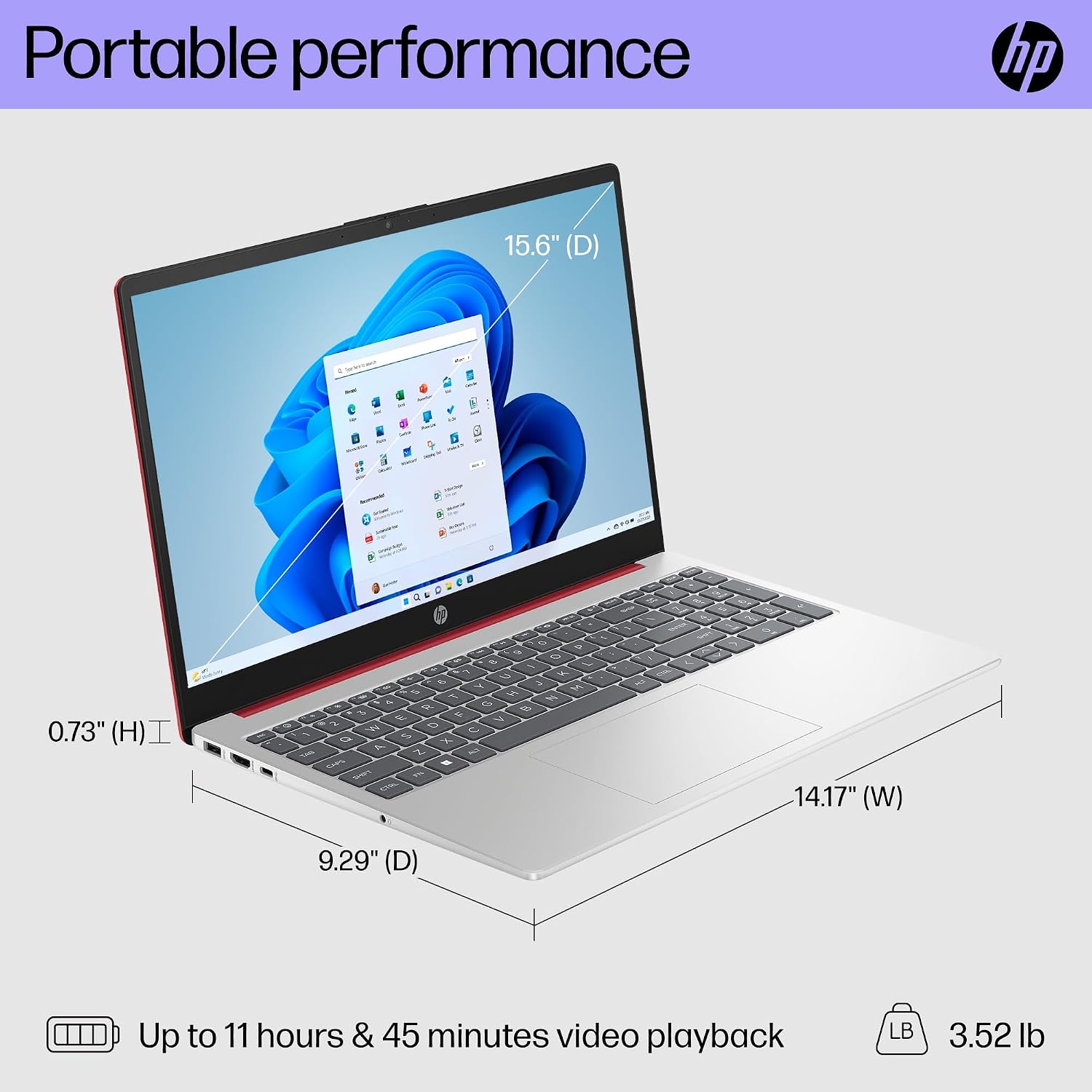 HP Laptop Computer 2024, 15.6' HD Display, Quad-Core Intel Processor N200, 8GB RAM, 384GB Storage (128GB UFS + 256GB Card), WiFi, Webcam, 1 Year Office 365, Long Battery, Win 11S+MarxsolAccessory Red