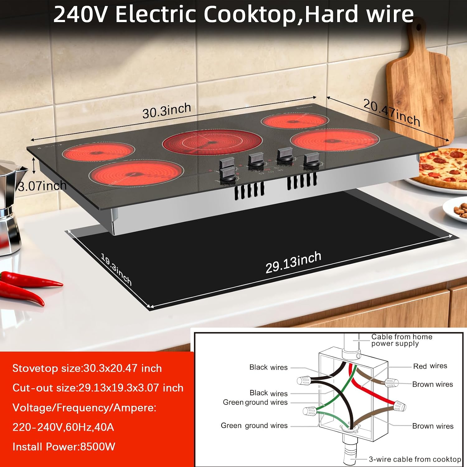 Karinear Electric Cooktop 30 Inch, 5 Burner Radiant Cooktop with Knob & Touch Control, 8500W 240V Built-in Stove Top, 9 Power Levels, Timer, Child Lock, Pause, Residual Heat Indicator(Black Knob)