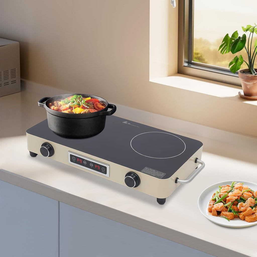 2 Burner Electric Cooktop 1100W Countertop Stove Top with Knob Control 110-120V Plug in Electric Cooktop with Touch Control & Timer for Kitchen, RV, Apartment (Cream Yellow)