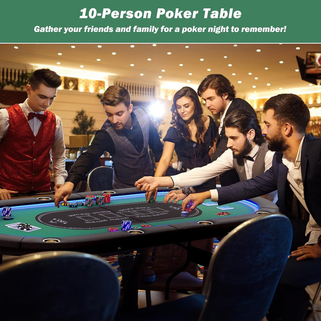 Goplus 84' Foldable Poker Table with LED Lights, 10 Players Card Board Game Table w/Casino Grade Felt, Steel Cup Holder, Padded Rails, for Texas Hold'em, Blackjack, No Assembly Required (Green)