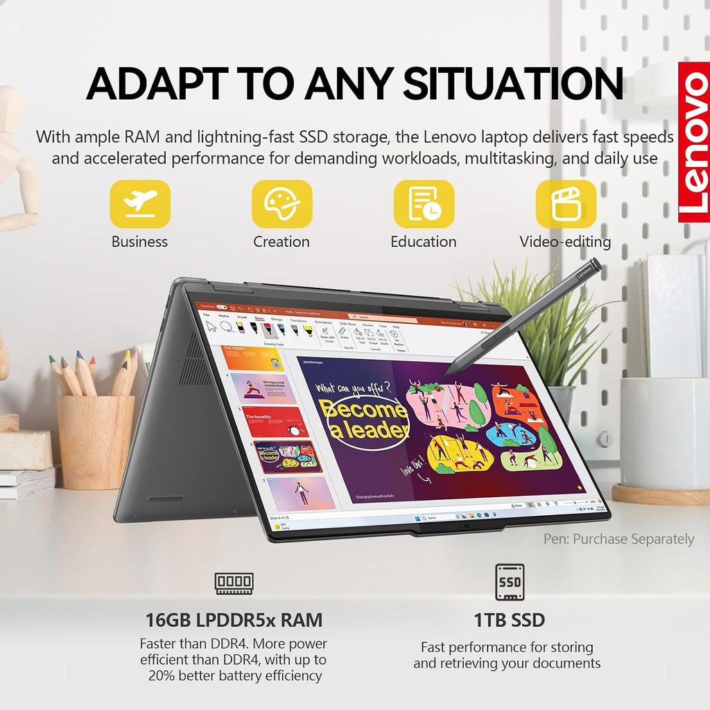 Lenovo Yoga 7i 2 in 1 Laptop Touchscreen, 16' FHD+ 360 Foldable Touch Screen Convertible, Intel Core Ultra 7, Windows 11 Pro Laptop PC, 16GB DDR5 RAM 1TB SSD, Backlit 10-Key, Fingerprint
