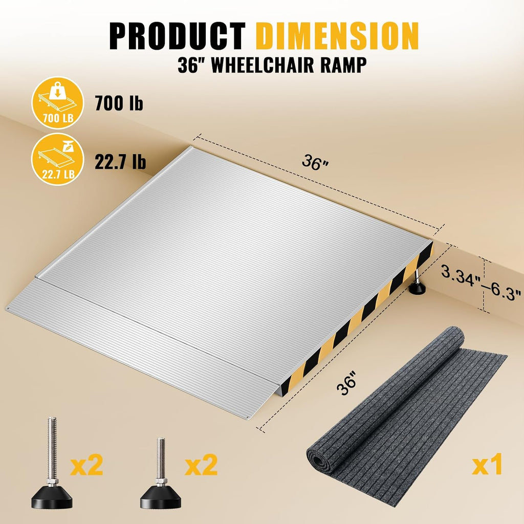 Aluminum Threshold Ramp for Doorways, 36' x 36', Adjustable for 3.34' to 6.3' Rise, Includes Non-Slip Thick Door Mat, Non-Slip Surface, Portable Wheelchair Ramp for Steps, Curbs and Entryways