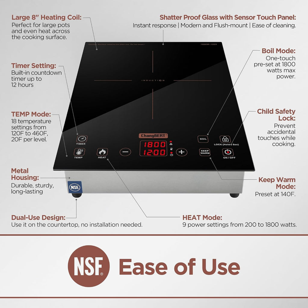 ChangBERT Built-in & Countertop Induction Cooktop, NSF-Certified Commercial Grade Single Induction Burner, Large 8' Heating Coil, Low Noise, Precise Temperature Control for Apartments RVs Food Station