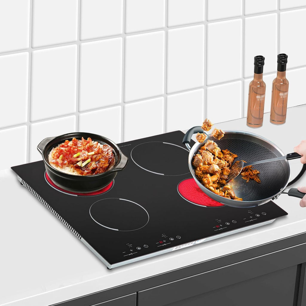 4 Burners Electric Ceramic Induction Cooktop 3000W Built-in Cooktop Electric Stove Top with 9 Heating Level, Safety Lock, Sensor Touch Control for Kitchens, Offices,Hotels (900W+600W+900W+600W)