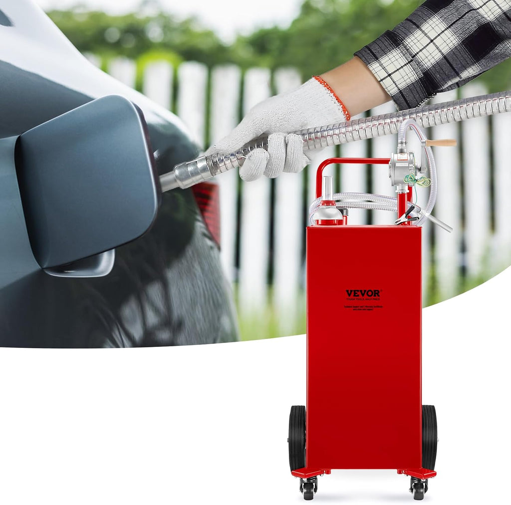 VEVOR 30 Gallon Fuel Caddy, Gas Storage Tank & 4 Wheels, with Manual Transfer Pump, Gasoline Diesel Fuel Container for Cars, Lawn Mowers, ATVs, Boats, More, Red