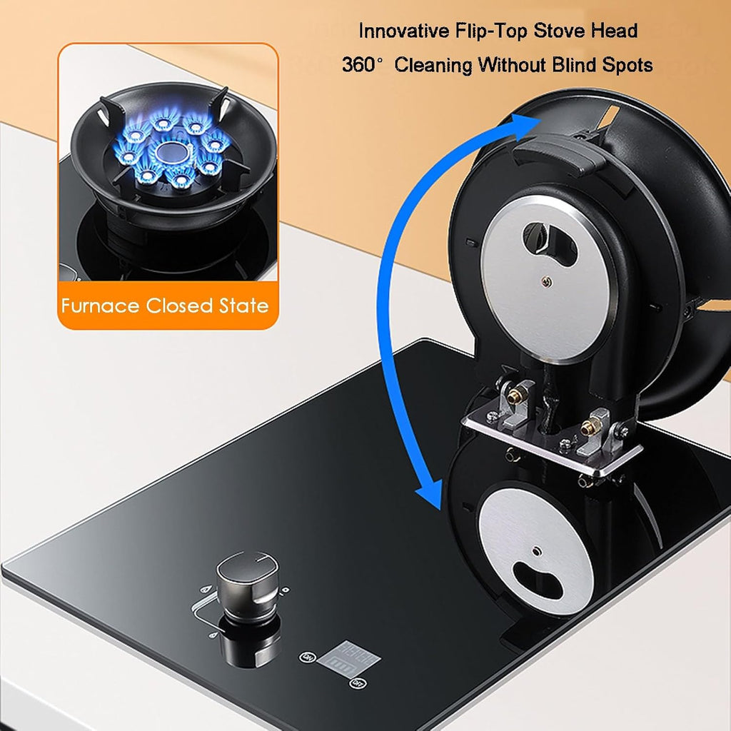 Single-Burner Gas Stove,Tempered Glass Nine-Cavity Timed Natural Gas Stove,Flip Burner,5.2Kw