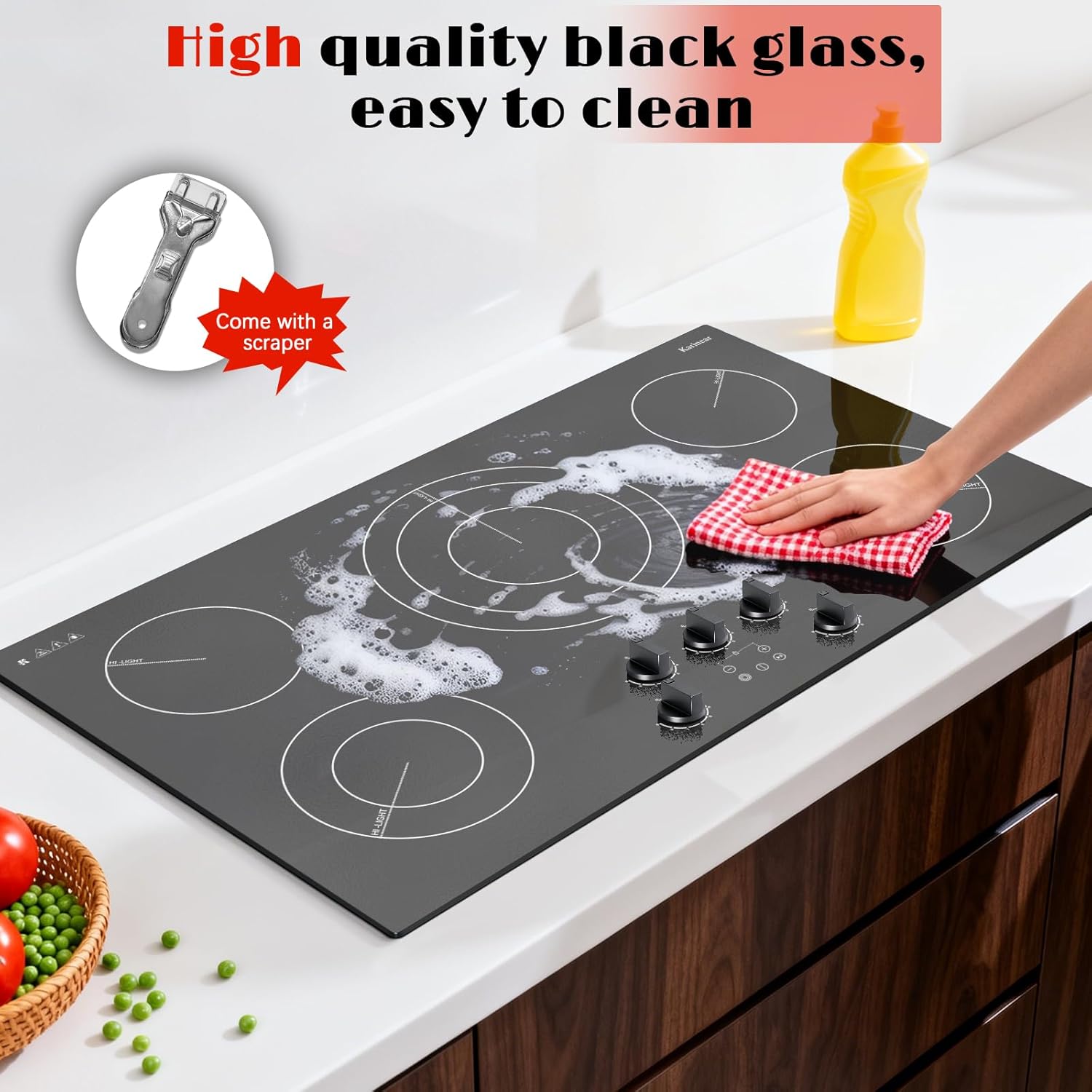 Karinear 36 inch Electric Cooktop, 5 Burner Radiant Cooktop with Knob & Touch Control, 9200W 240V Built-in Stove Top, 9 Power Levels, Timer, Child Lock, Pause, Residual Heat Indicator(Black Knob)