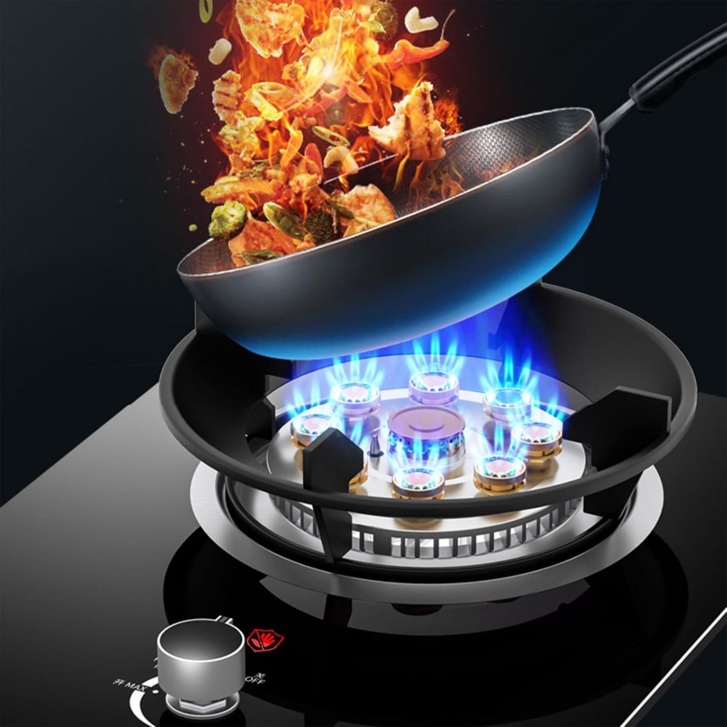 Gas Cooker 1 Burner,5.2KW 9-Chamber Fire Ring Frying Pan,Tempered Glass Cooktop with Flame Out Protection,NG/LPG Gas Conversion(LPG)