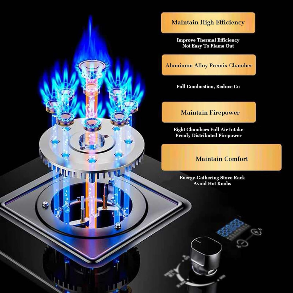Gas Stove 1 Burner,5.2KW Nine-Cavity High-fire Timer,Gas/LP Gas Conversion Stove,Tempered Glass Cast Iron Pot Rack,with Flameout Protection,for Home Kitchen Motor Home Camp(LPG)