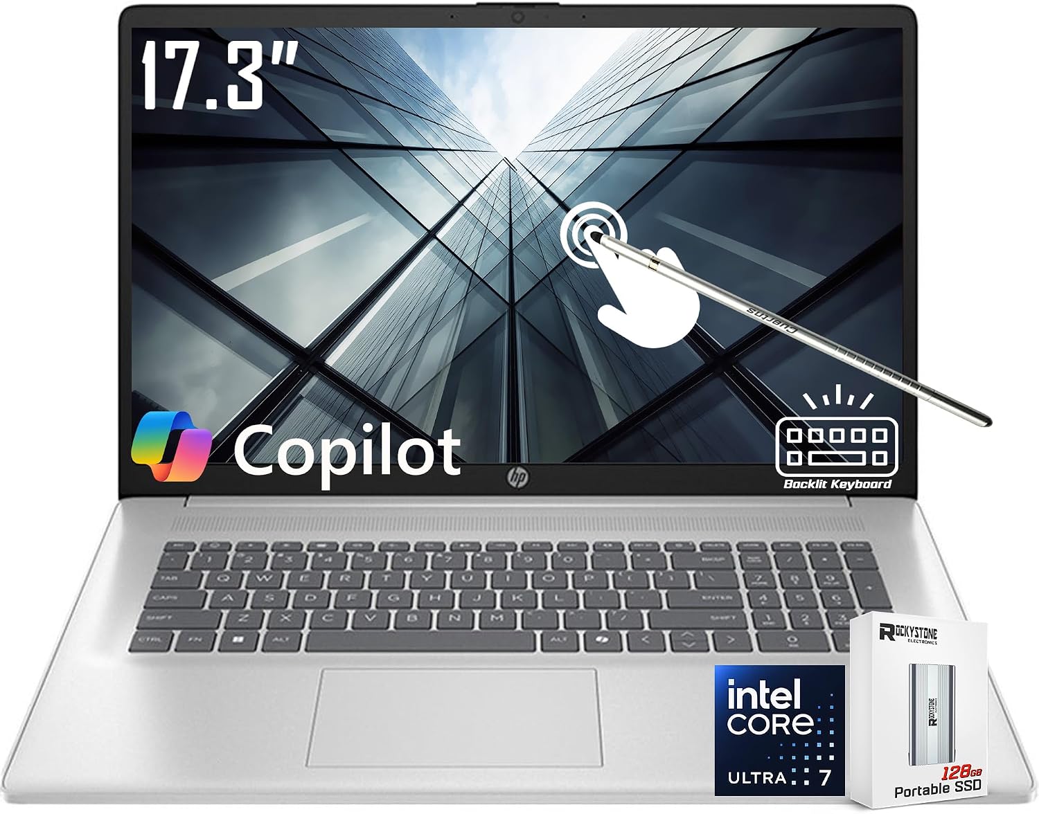 HP 17.3 inch Touchscreen Laptop, HD+ BrightView Display, Intel Ultra 7 255U 12-Core(Beat Core 7 150U),16GB DDR5, 1TB SSD, Copilot AI, Backlit KB, Long Battery, Win 11 Home, w/128GB External SSD&Stylus