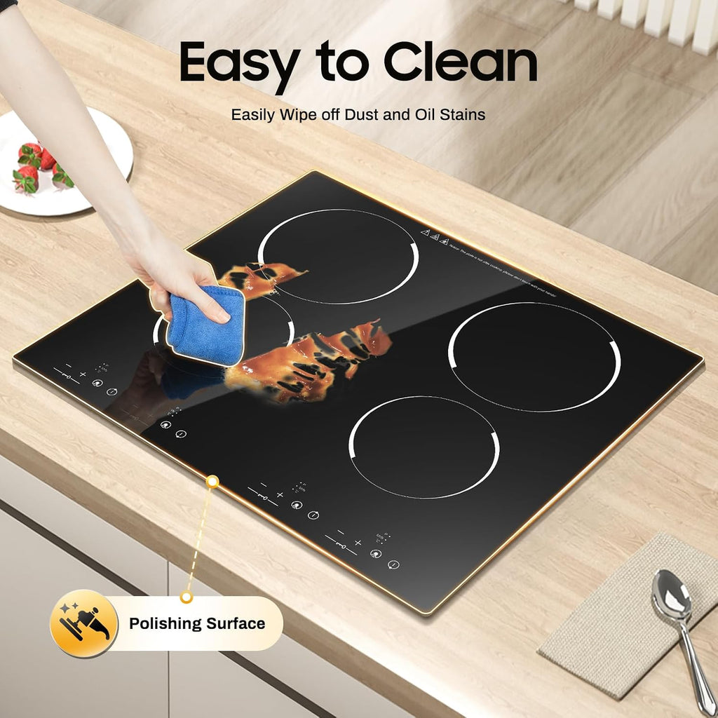 4 Burner Electric Cooktop 110V, 23 Inch Countertop and Built in Electric Kitchen Stove, 3000W Hob Top for Cooking 9 Speed Touch Adjustable (80-650°C) with LED Display