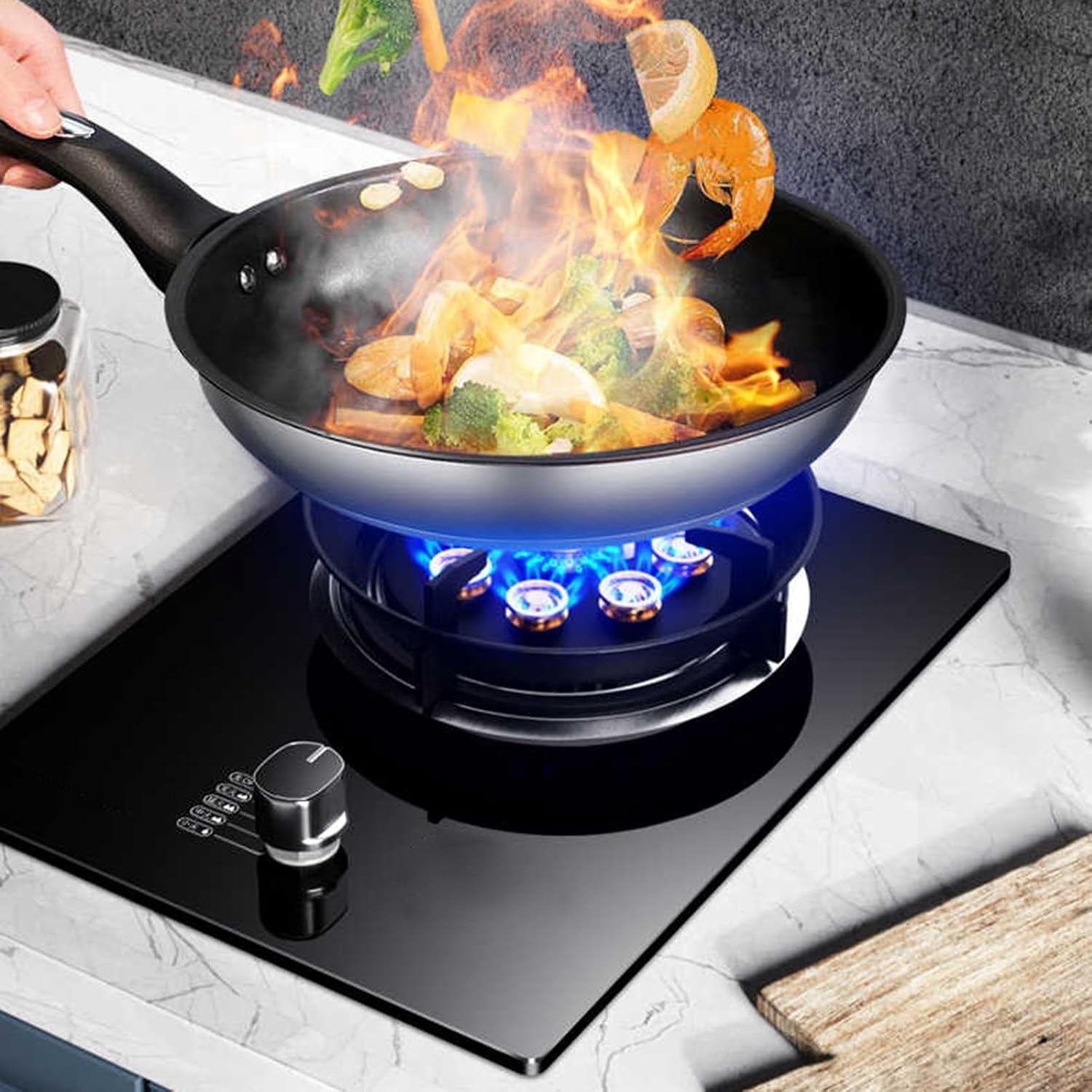 Gas Stove with 1 Burner,5.2KW Kitchen Counter Top Stove,Gas/LP Gas Conversion Stove,Tempered Glass Cast Iron Pot Rack,with Flameout Protection,for Home Kitchen(LPG)