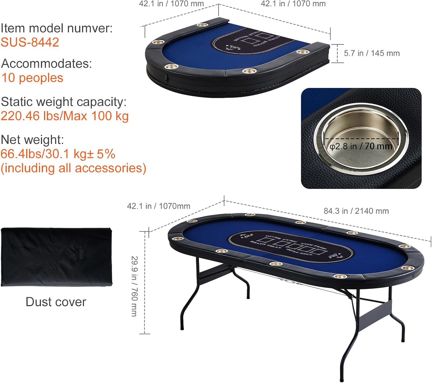 Happybuy 10 Player Foldable Poker Table, 84' Oval Card Table with Padded Rails & Stainless Steel Cup Holders, Portable Blackjack & Texas Hold'em Game Table
