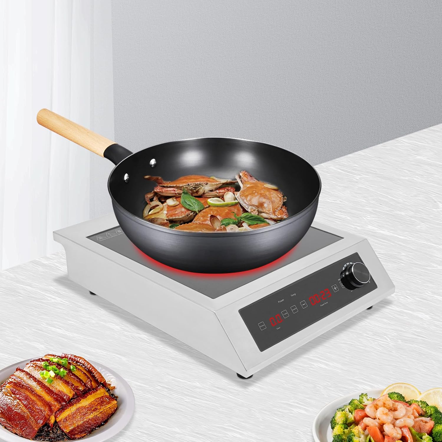 Commercial Induction Cooktop, 3500W Portable Cooker with 9.06' Energy-Gathering Heating Plate, Precise Temp Control (140-536°F), Touch & Knob Control, Timer, NSF Certified