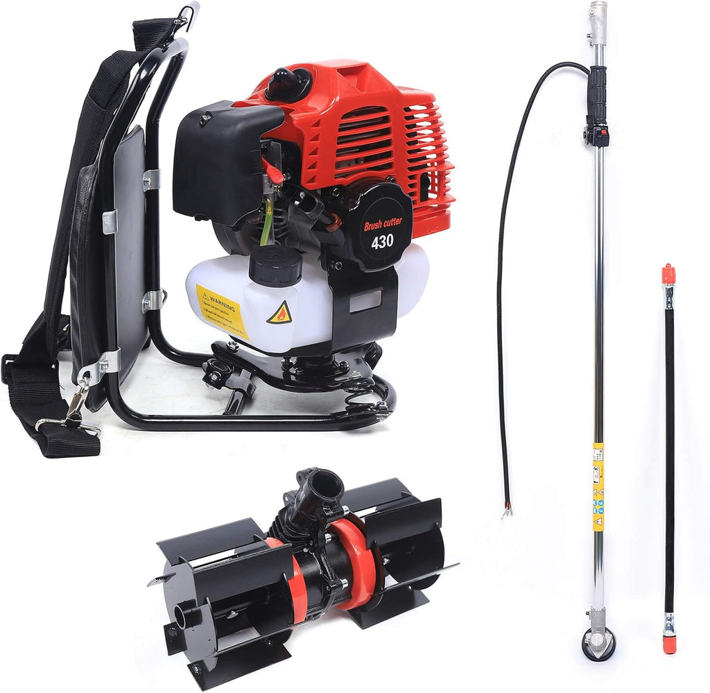 Backpack Gas Garden Brush Cutter Tiller, 3 in 1 43CC 2 Stroke Lawn Mower Brush Cutter Grass Hedge Trimmer, Cultivator Lawn Mower for Farmland Weeding Harvesting Clearing Ditching (2-Stroke)