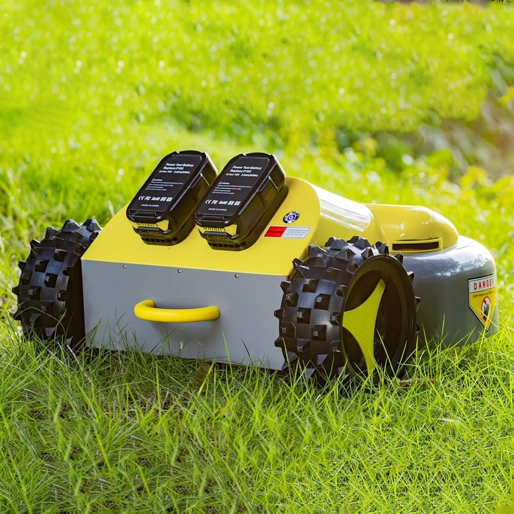 Cordless Remote Control Lawn Mower – Self-Propelled Electric Lawn Mower with Dual 3Ah Batteries, Remote Control, Adjustable 2'–3' Cutting Height & All-Wheel Traction for 45° Slopes