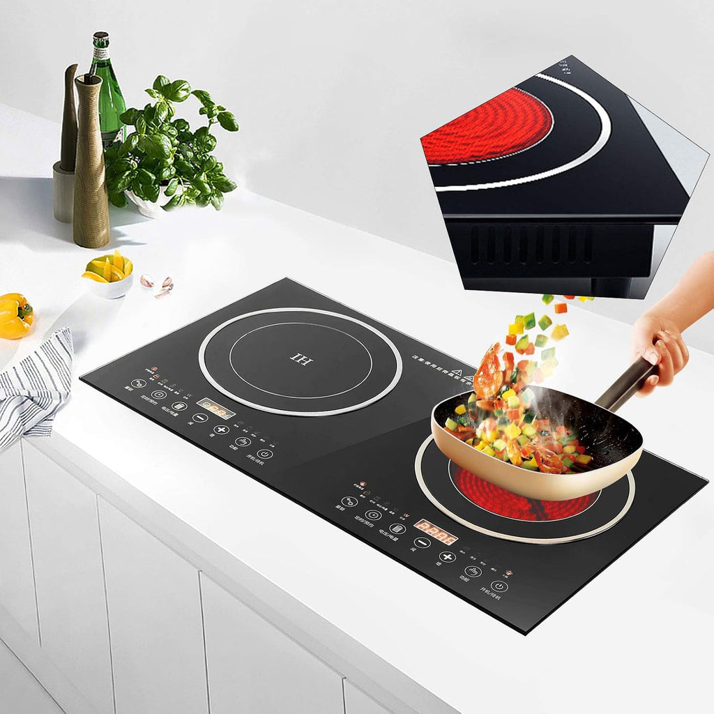 Double Induction Cooktop Cooker, Electric Induction Cooker,Cooktop Burners , Portable Countertop Burner Digital Hot Plate Cooktop 8 Gear Firepower 110V (1200W Induction Cooker+1400W Ceramic Cooker)