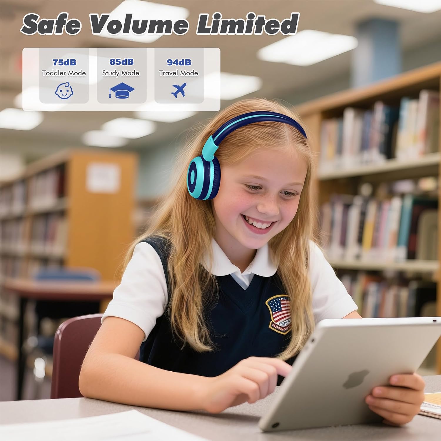 SIMOLIO Kids Wireless Bluetooth Headphones with Mic, Auracast & Volume Limiter, Share Audio, Foldable, Compact Case, Perfect for Travel, School, and Online Learning