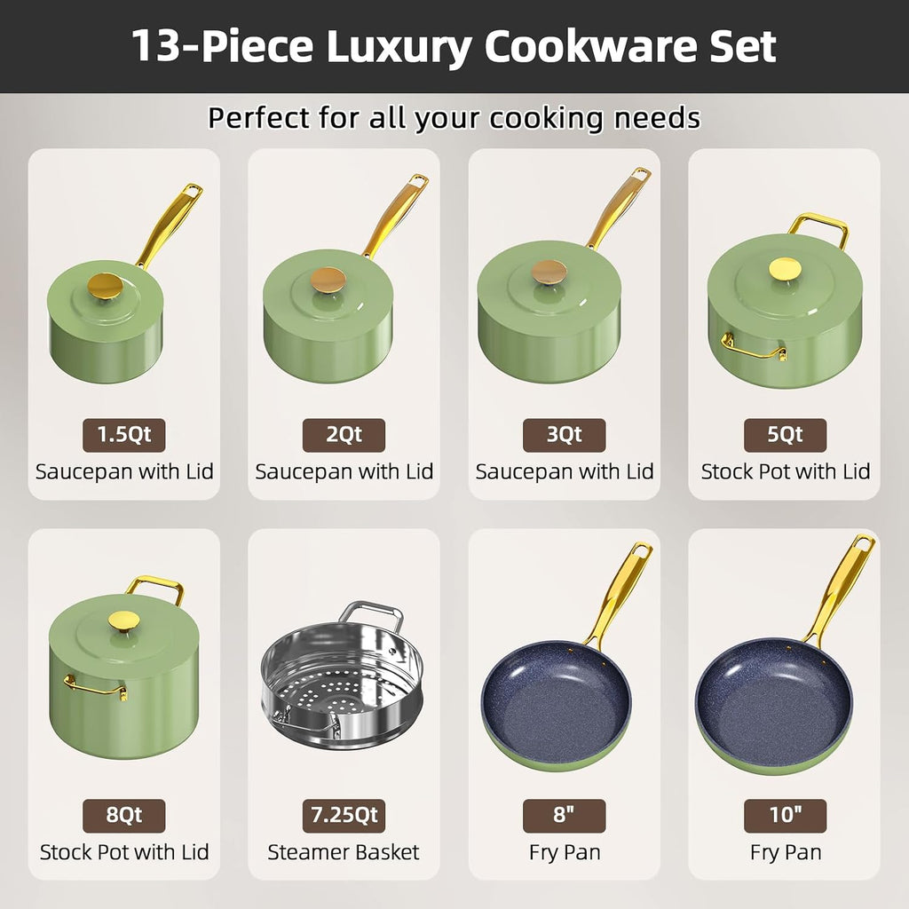 Nuwave Lux LE 13-Pc Cookware Set with Elegant Gold Handle, Diamond Infused Ceramic Non-Stick, PFAS Free, Premium Metal Lids, Ergonomic Stay-Cool Handles, Induction Ready & Compatible w/All Cooktops