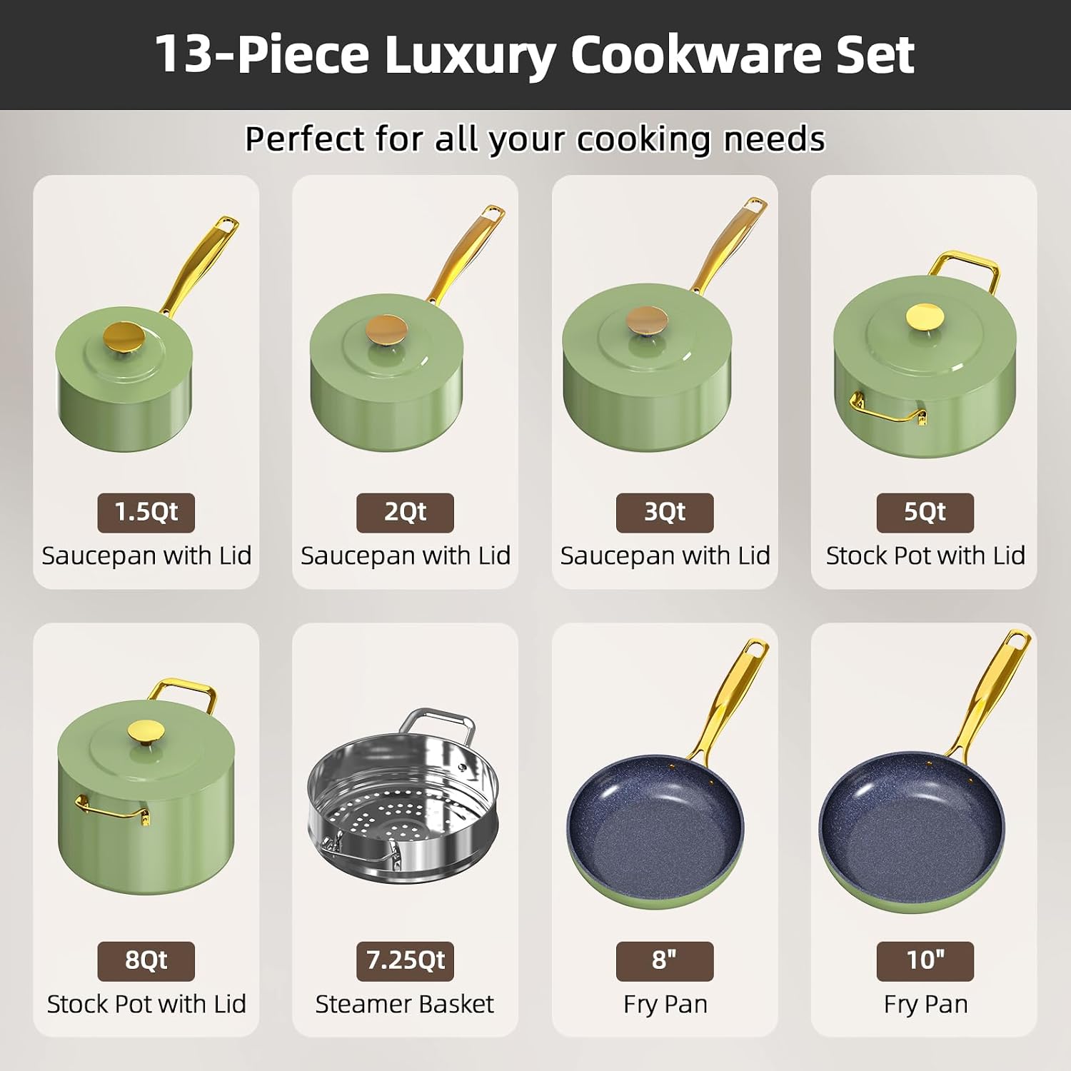 Nuwave Lux LE 13-Pc Cookware Set with Elegant Gold Handle, Diamond Infused Ceramic Non-Stick, PFAS Free, Premium Metal Lids, Ergonomic Stay-Cool Handles, Induction Ready & Compatible w/All Cooktops