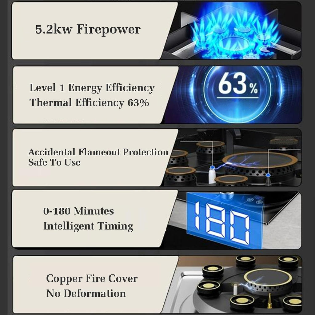 Gas Cooker 1 Burner,5.2KW 9-Chamber Fire Ring Frying Pan,Tempered Glass Cooktop with Flame Out Protection,NG/LPG Gas Conversion(LPG)