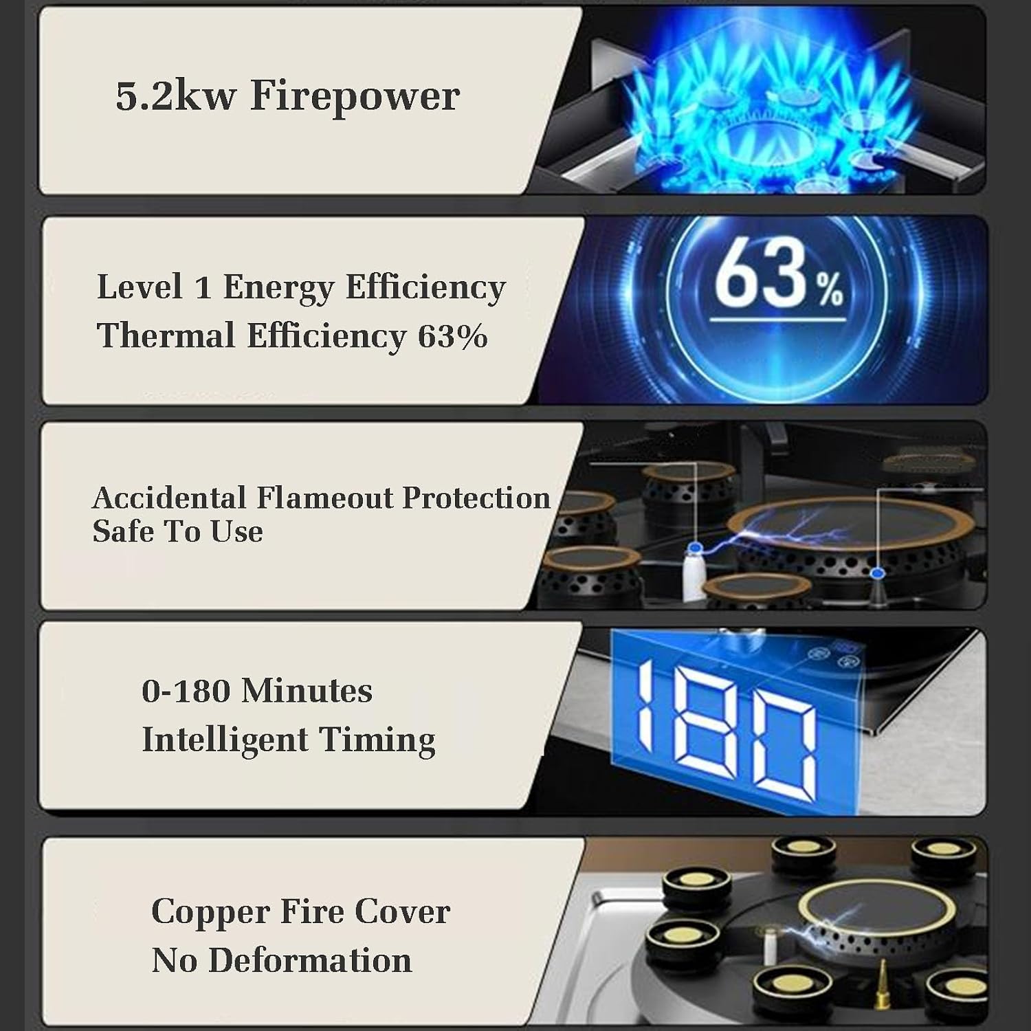 Gas Cooker 1 Burner,5.2KW 9-Chamber Fire Ring Frying Pan,Tempered Glass Cooktop with Flame Out Protection,NG/LPG Gas Conversion(NG)