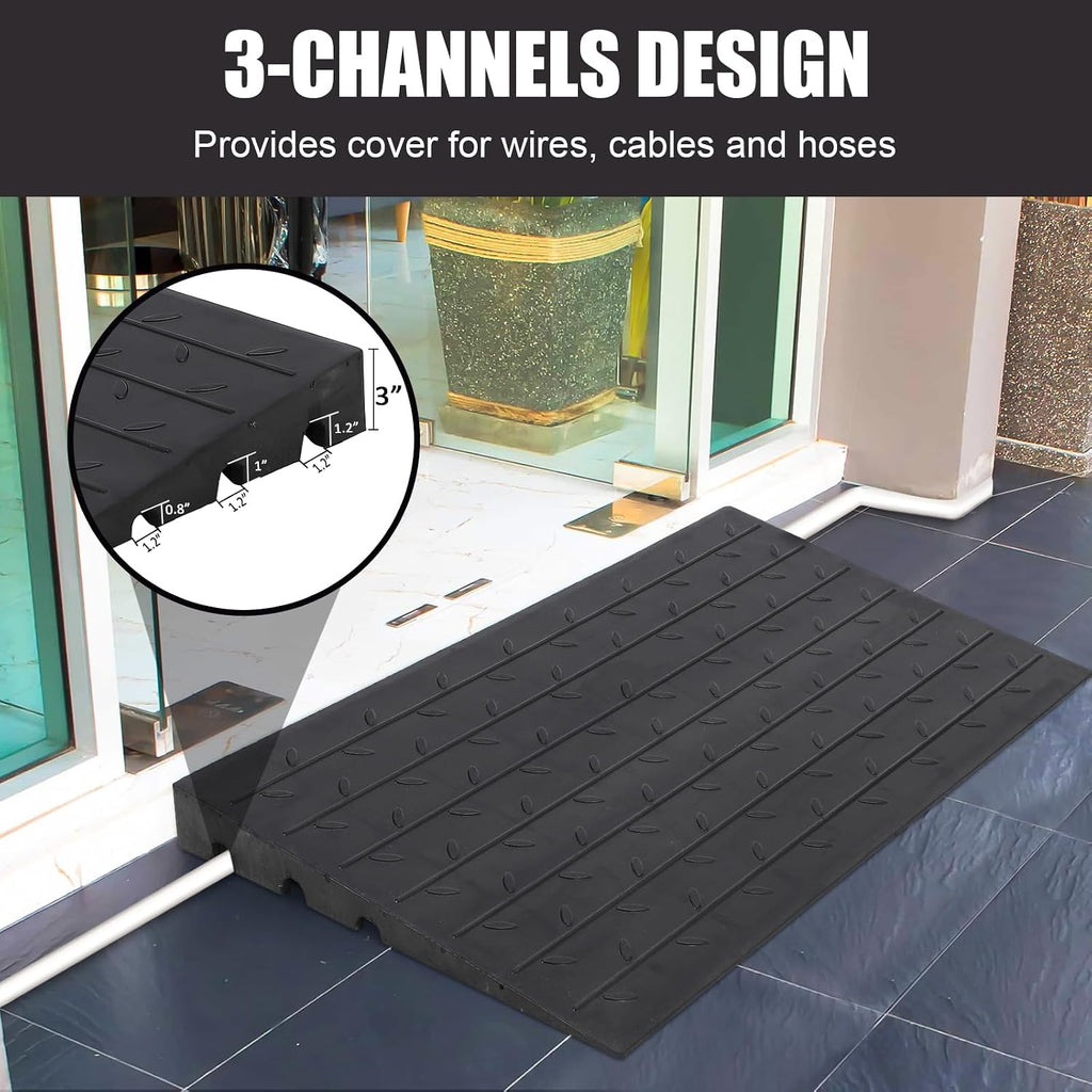 3' Rubber Threshold Ramp, Ramp for Wheelchair, Scooter, Doorway Ramp, Wheelchair Ramp Rubber, Driveway Curb Ramps, Handicap Ramps for Home Entry, Steps, Doorways, Curbs with 3 Channels Cord Cover