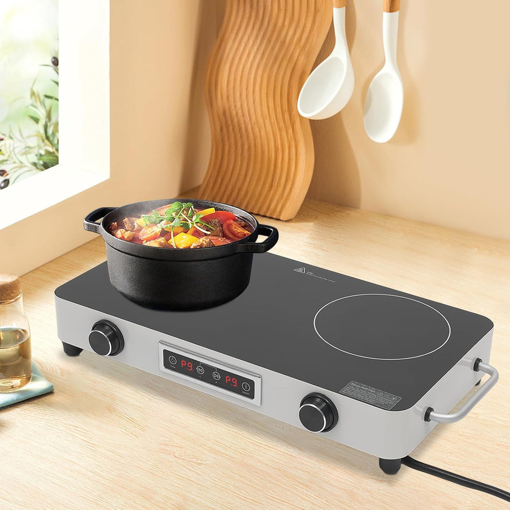 Electric Cooktop,Portable Electric Cooktop 1100W Double Burner Stove with Plug Hot Plate Countertop110V-120V Heating Plate Burner Child Safety Lock Timer,Touch and Knob Control