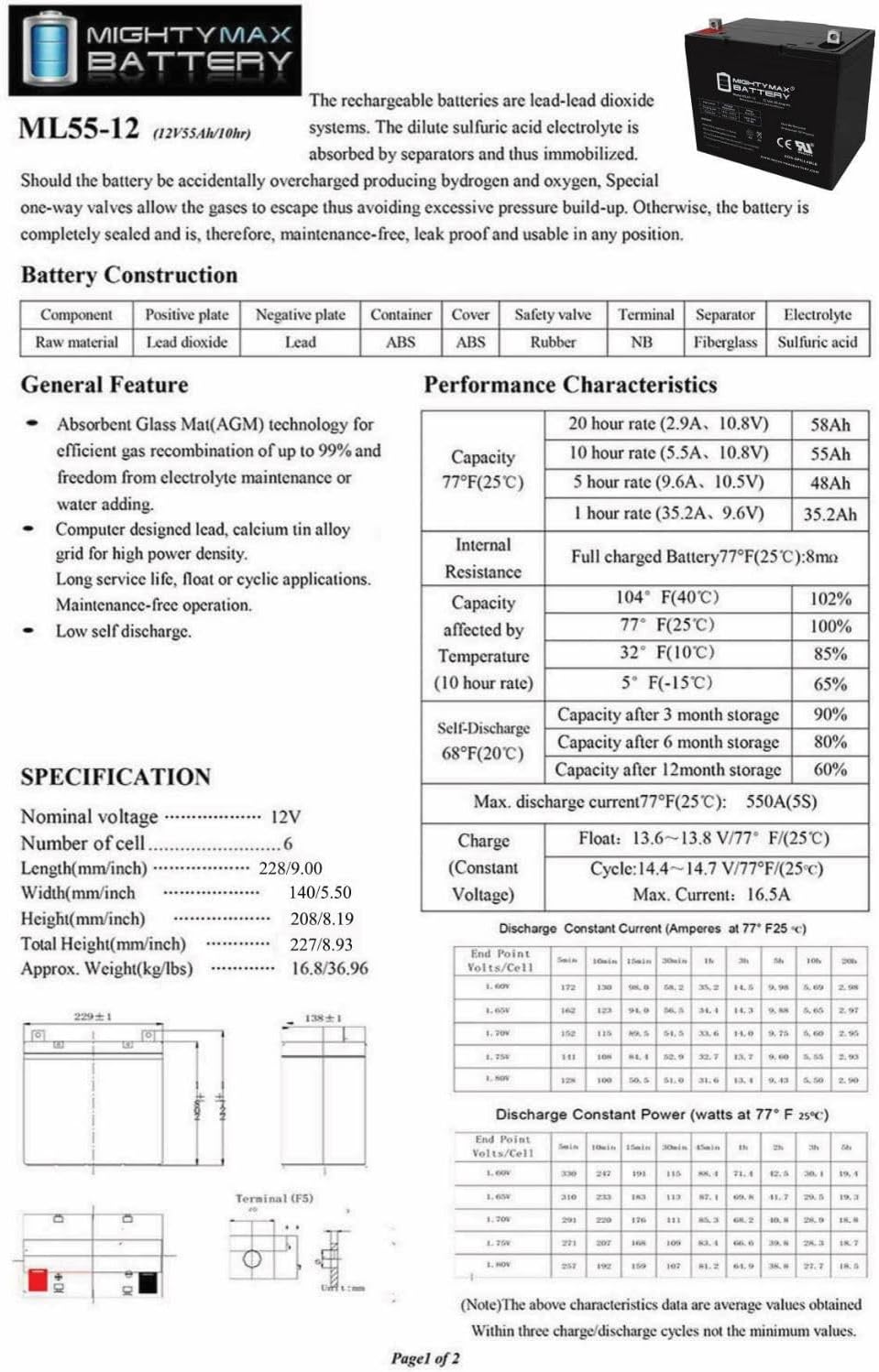 ML55-12 - 12 Volt 55 AH, Nut and Bolt (NB) Terminal, Rechargeable SLA AGM Battery