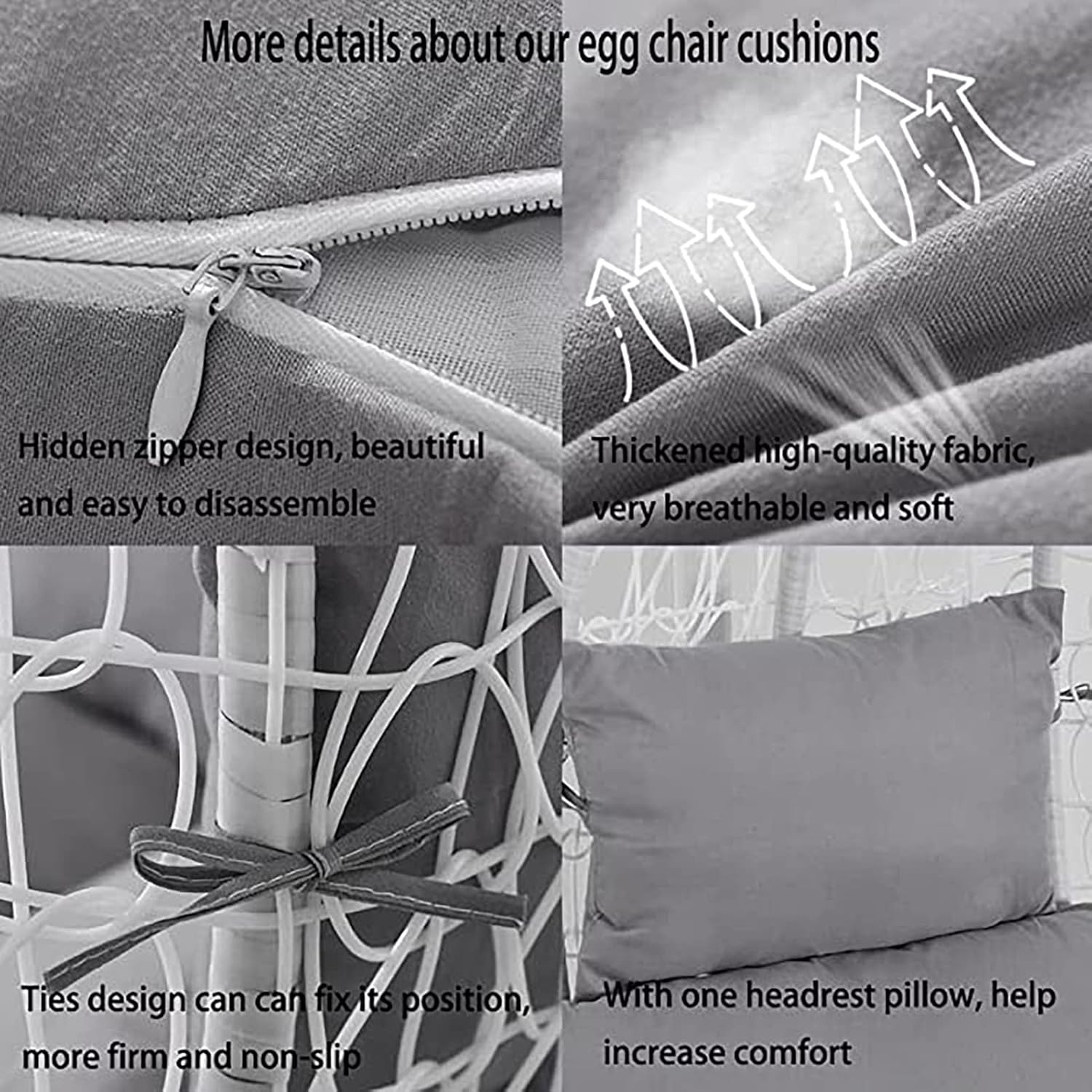 HUHJYUGE Egg Chair Cushion Only, Outdoor Hanging Swing Chair Seat Cushion Replacement, Thicken Waterproof Washable Hammock Chair Cushion with Headrest and Armrests, for Garden