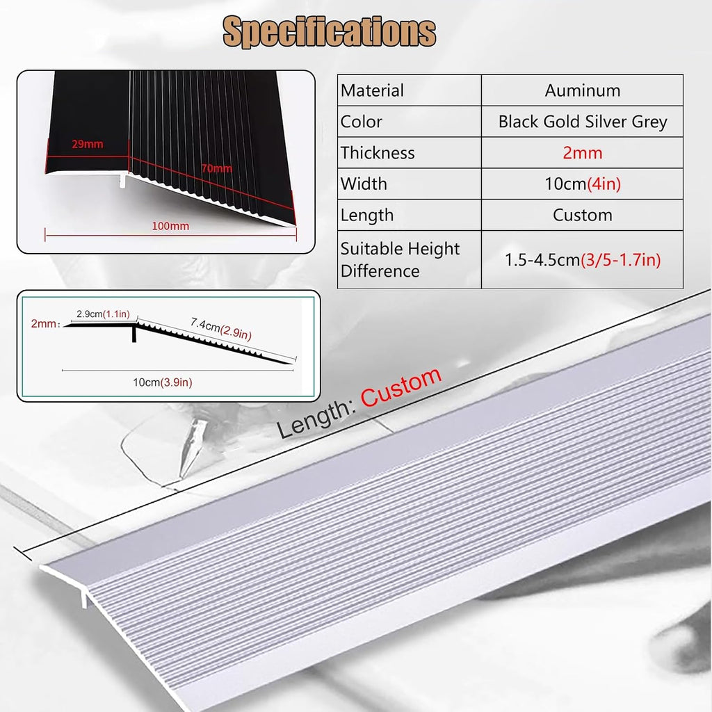 Metal Heavy Duty Transition Strip for Uneven Floors 4 Inch Wide Temporary Ramp Threshold Reducer for Wood to Tile/ Laminate Flooring/ Concrete Slabs, Floor Edge Trim ( Color : Silver , Size : 105cm/41