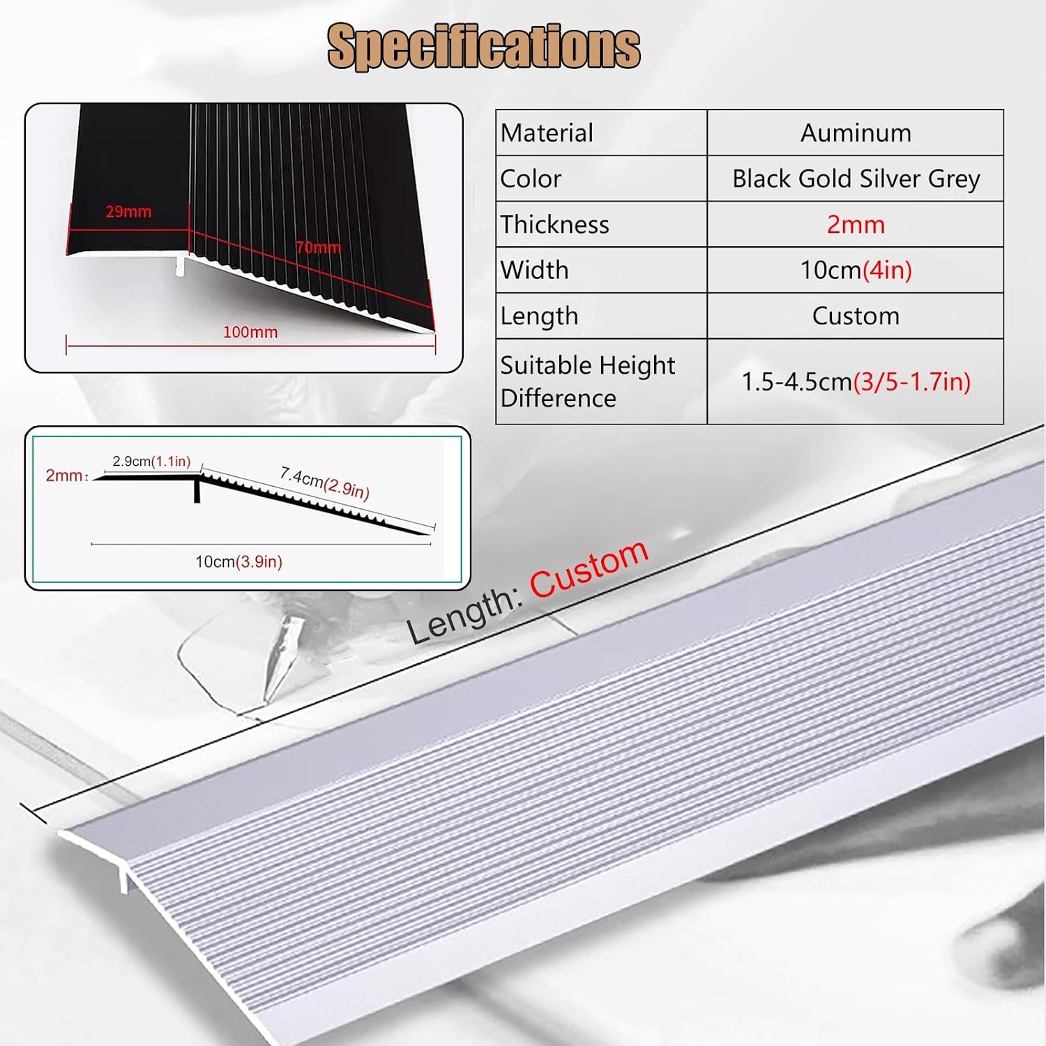 Metal Heavy Duty Transition Strip for Uneven Floors 4 Inch Wide Temporary Ramp Threshold Reducer for Wood to Tile/ Laminate Flooring/ Concrete Slabs, Floor Edge Trim ( Color : Silver , Size : 105cm/41