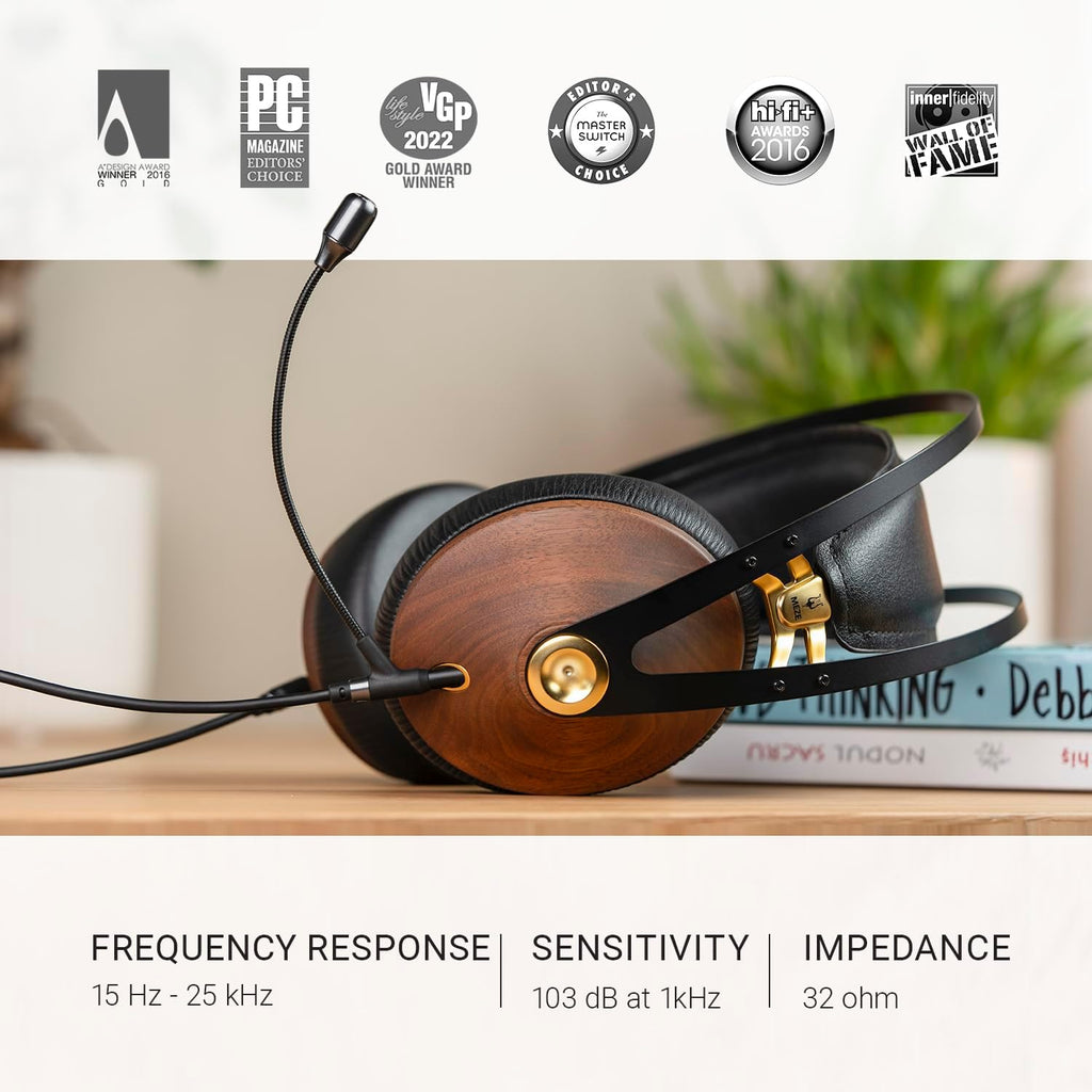MEZE AUDIO | 99 Classics Walnut Gold & Boom Mic Headset | Wired Over-Ear Headphones with Boom Microphone and Self Adjustable Headband | Closed-Back Headset for Gaming | Remote Work | Audiophiles
